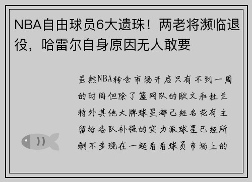 NBA自由球员6大遗珠！两老将濒临退役，哈雷尔自身原因无人敢要